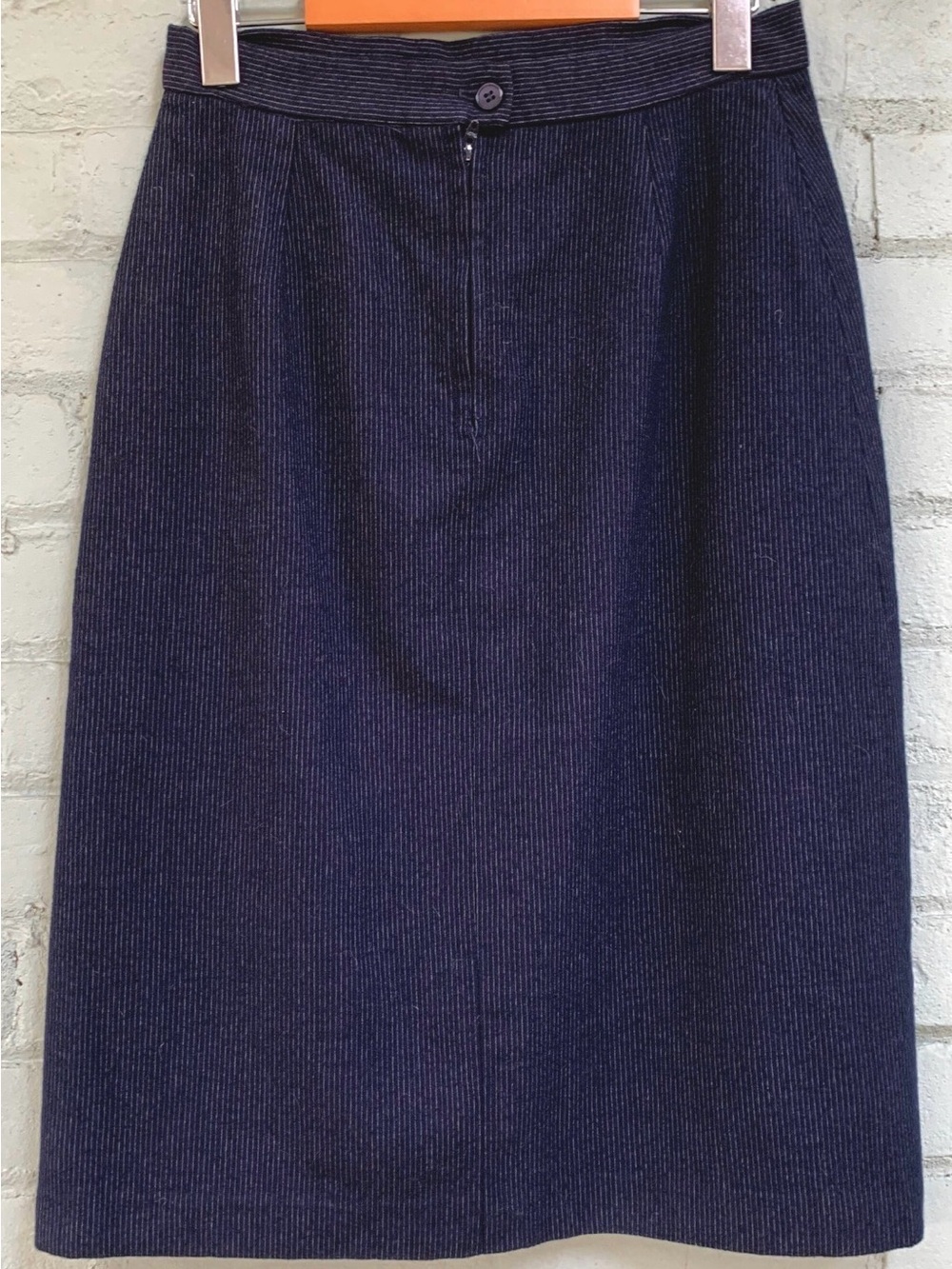 Navy Midi Pencil Skirt with Pleated Hem Detail and Pinstripes - Picture 4 of 8